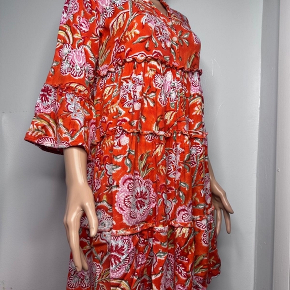 VTG Ibiza Women’s Dress M Red Floral Boho Tunic Tiered 100% Cotton preppy. - Picture 5 of 9